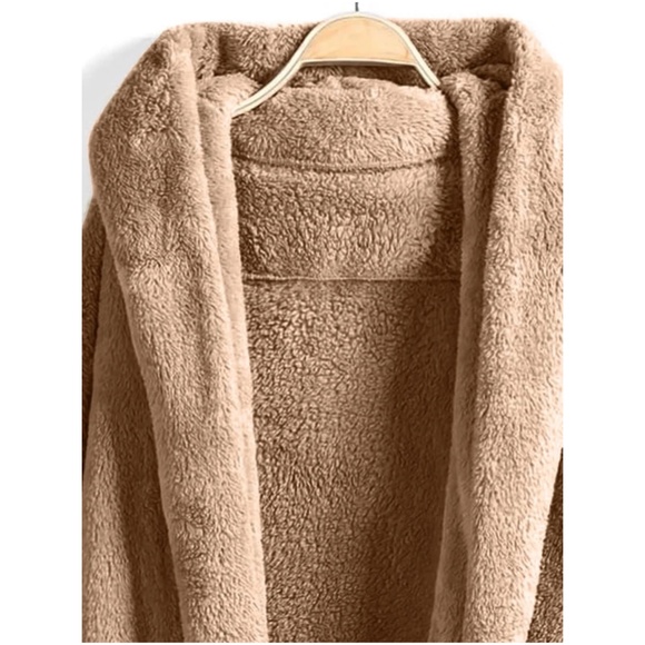 Cozy Tan Teddy Open Front Hoodie Jacket Coat - Picture 3 of 4